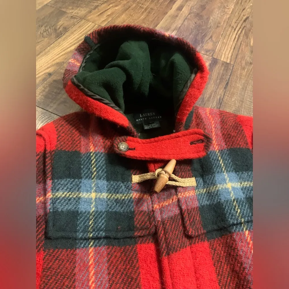 Ralph Lauren Red Plaid Toggle pea Coat  vintage wool rare L spring nautical boho - Image 7