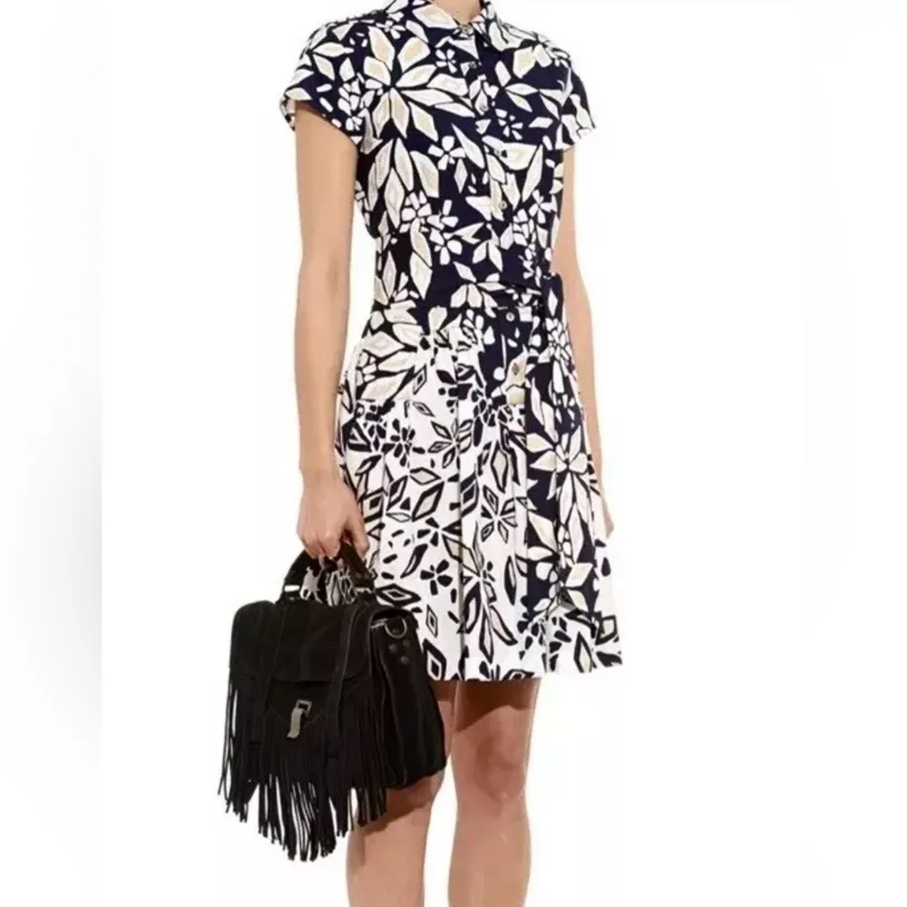 DIANE VON FURSTENBERG  Nautical Floral Navy/White Tie Waist Shirt Dress Womens 6 - Image 13