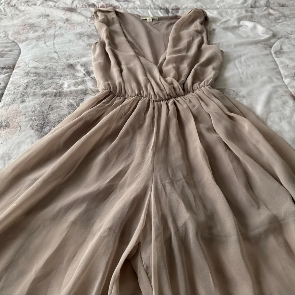 Alythea cream tan wide leg pleated top sheer jumpsuit, size S party event boho - Image 14