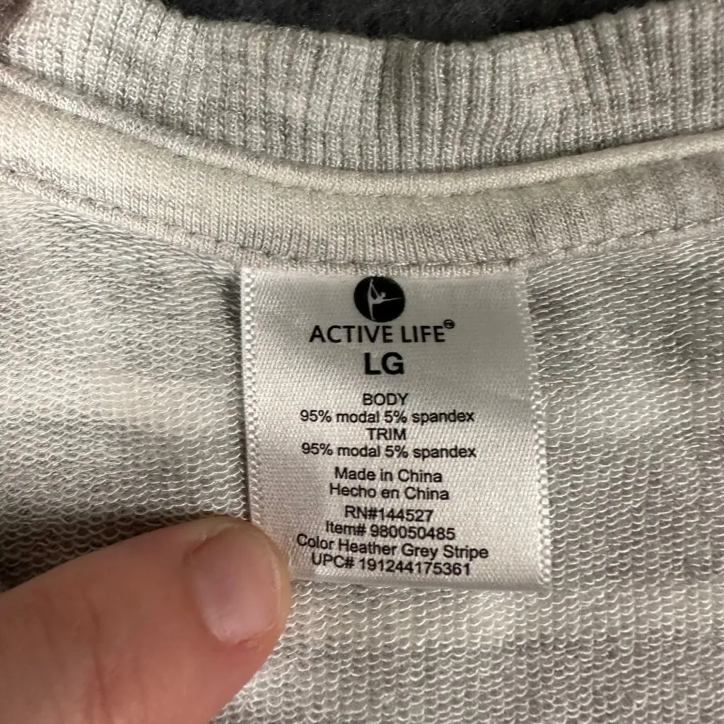 Active Life Large Heather Gray Stripe Long Sleeve Pullover‎ Top Round Neck Modal - Image 2