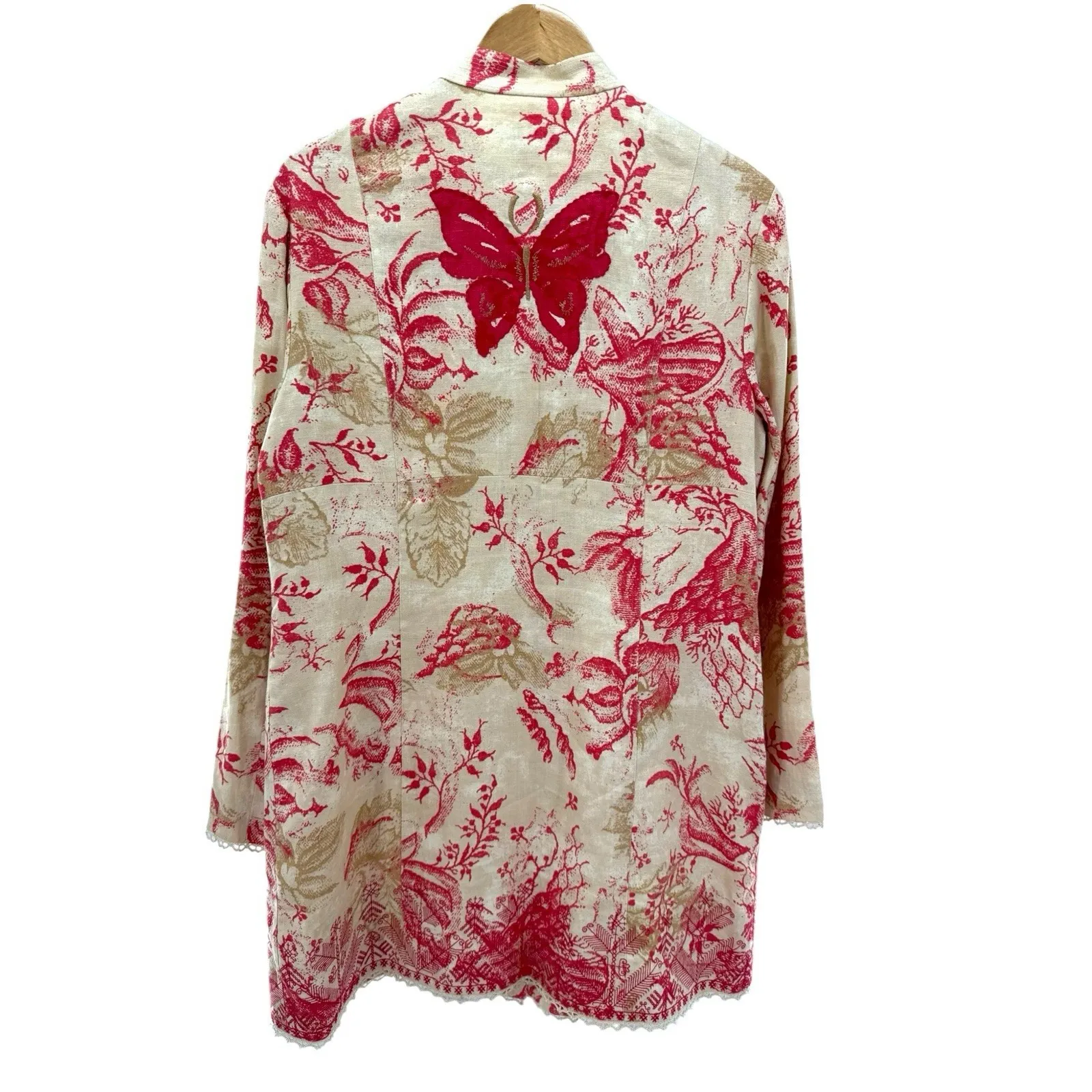 Sigrid Olsen Linen Jacket L Red Beige Bird Butterfly Tapestry Coat Boho Artsy - Image 9
