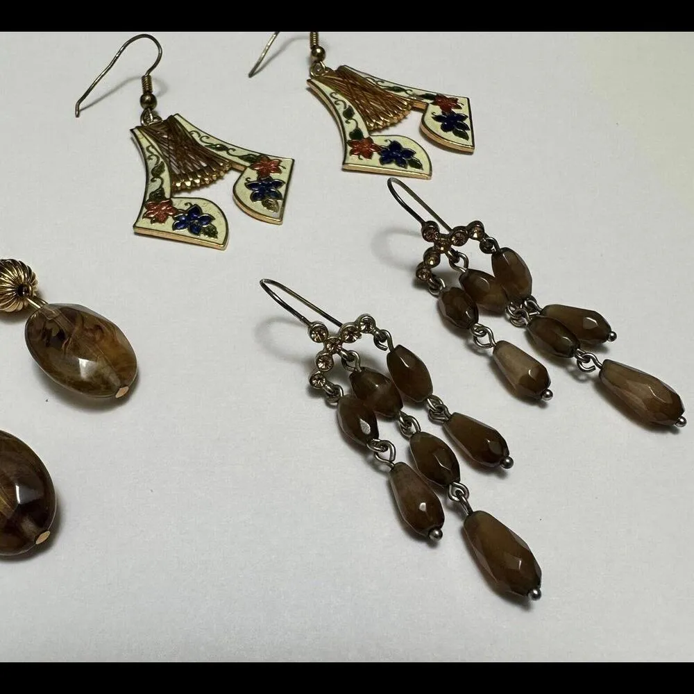Lot Of 3 Dangle Drop Pierced Earrings 2 Beaded & 1 Cloisonné Enamel Style - Image 2