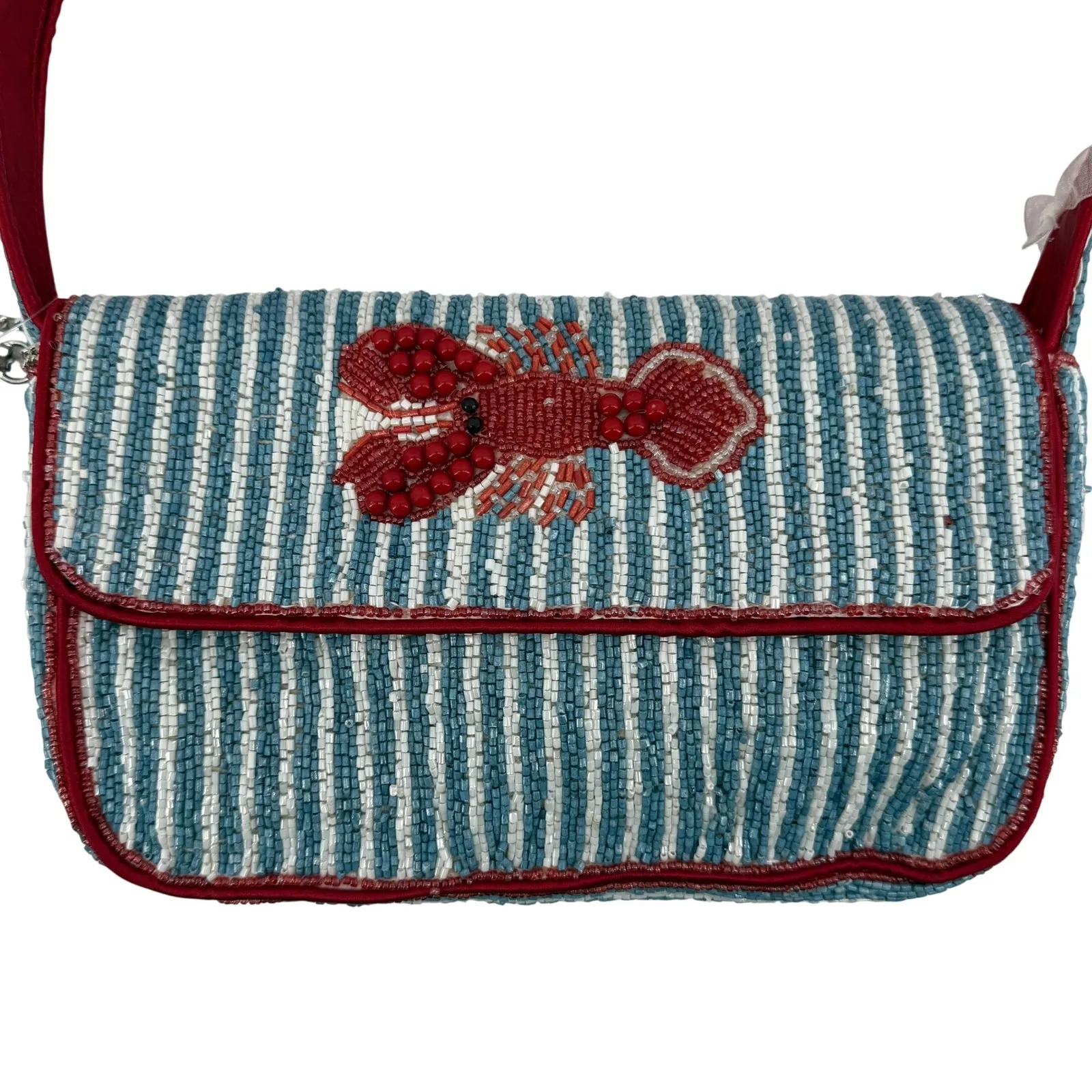 Handcrafted Beaded Red Lobster Shoulder Bag Purse Blue White Striped India Made - Image 2