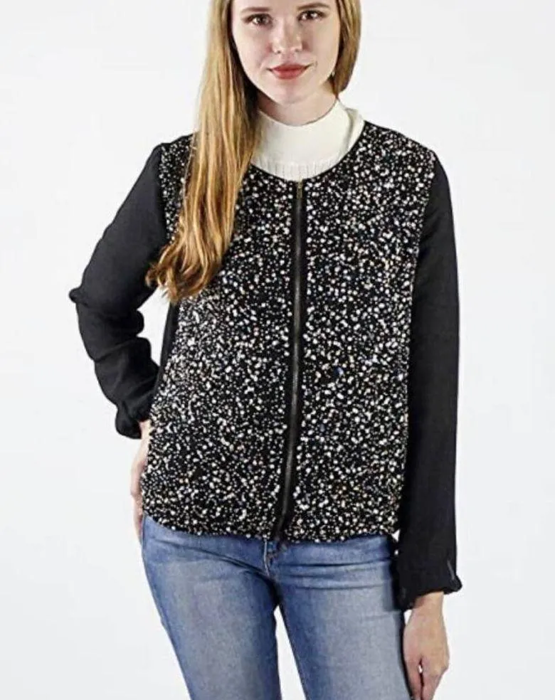 Hazel | Medium | Sequin & Beaded Lightweight Zip Up Bomber Jacket Style Sweater Black - Image 2