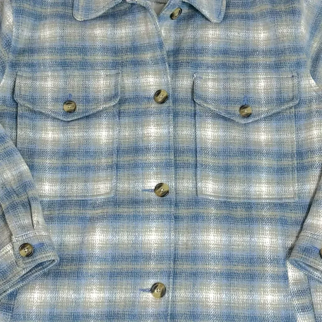 American Eagle Outfitters Plaid Flannel Shacket Jacket XL Light Blue Grey Grunge - Image 2