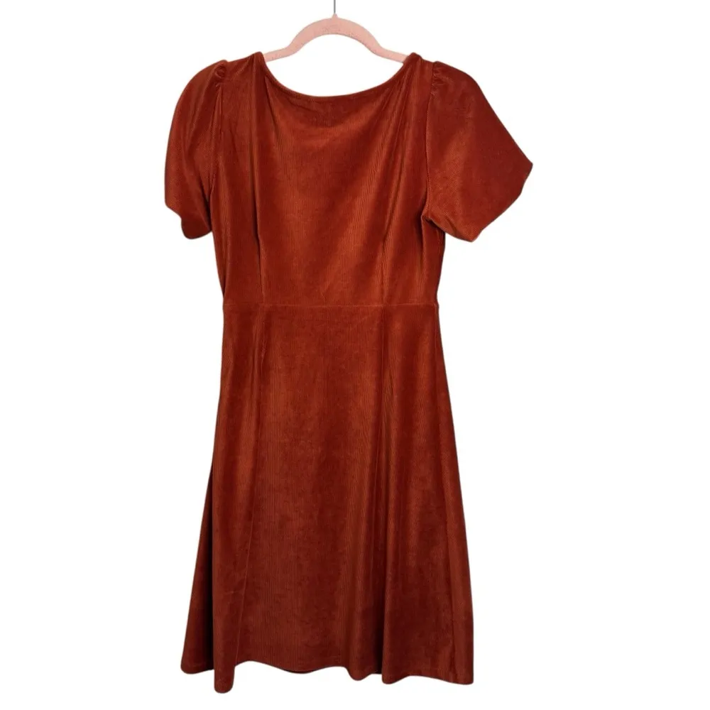 Urban Revivo Rust Orange Scrunched Puff Sleeve Velvet Dress Size 6 - Image 3