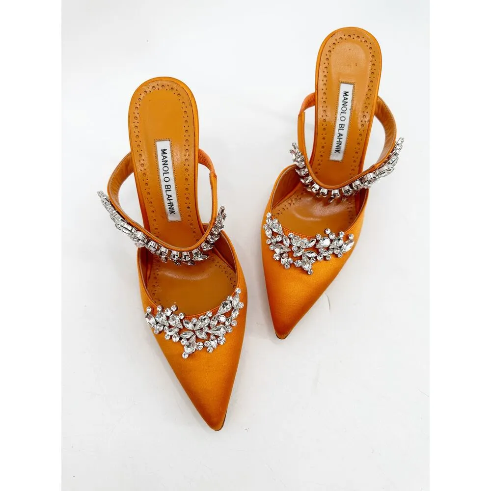 Manolo Blahnik Orange Satin Crystal Embellished 90 Mules 39.5 - Image 2