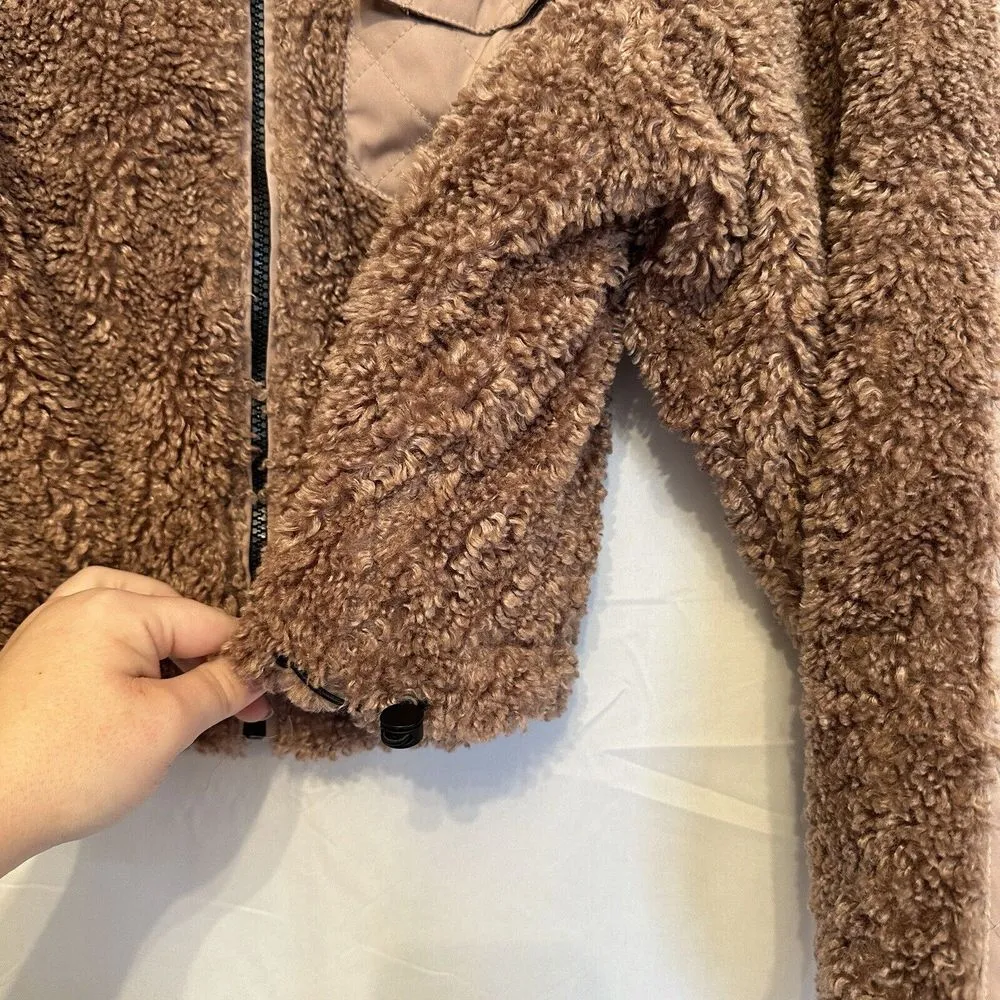 Garage Jacket Teddy Coat Womens Size Small Taupe Beige Cropped Zip Up Jacket‎ - Image 3