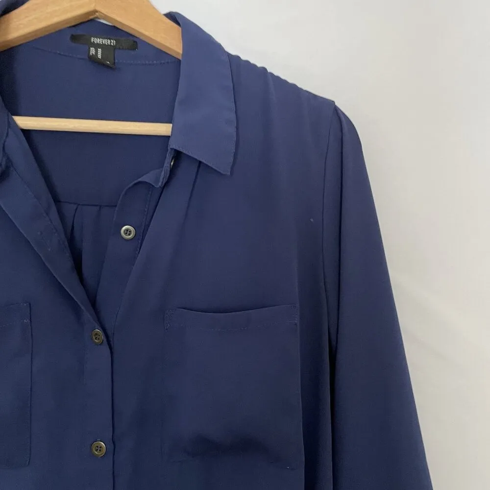 Forever 21 Womens Button-Up Navy Blouse - Medium business casual blue shirt - Image 2