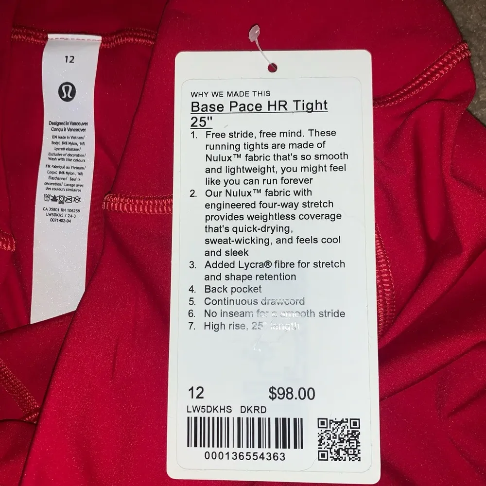 LULULEMON Dark Red Base Pace Tights 25” size 12 NWT - Image 5
