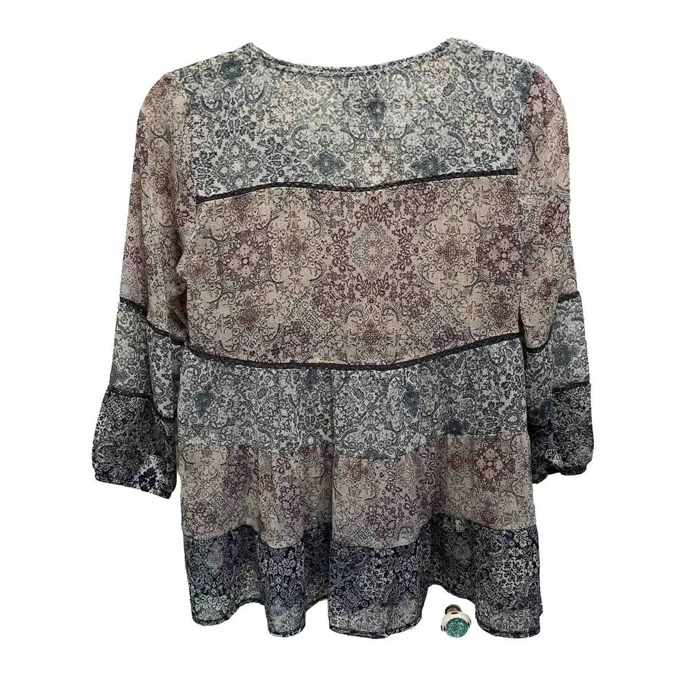 Knox‎ Rose Floral Paisley Chiffon Crochet Detail 3/4 Sleeve blouse  Size XS - Image 4