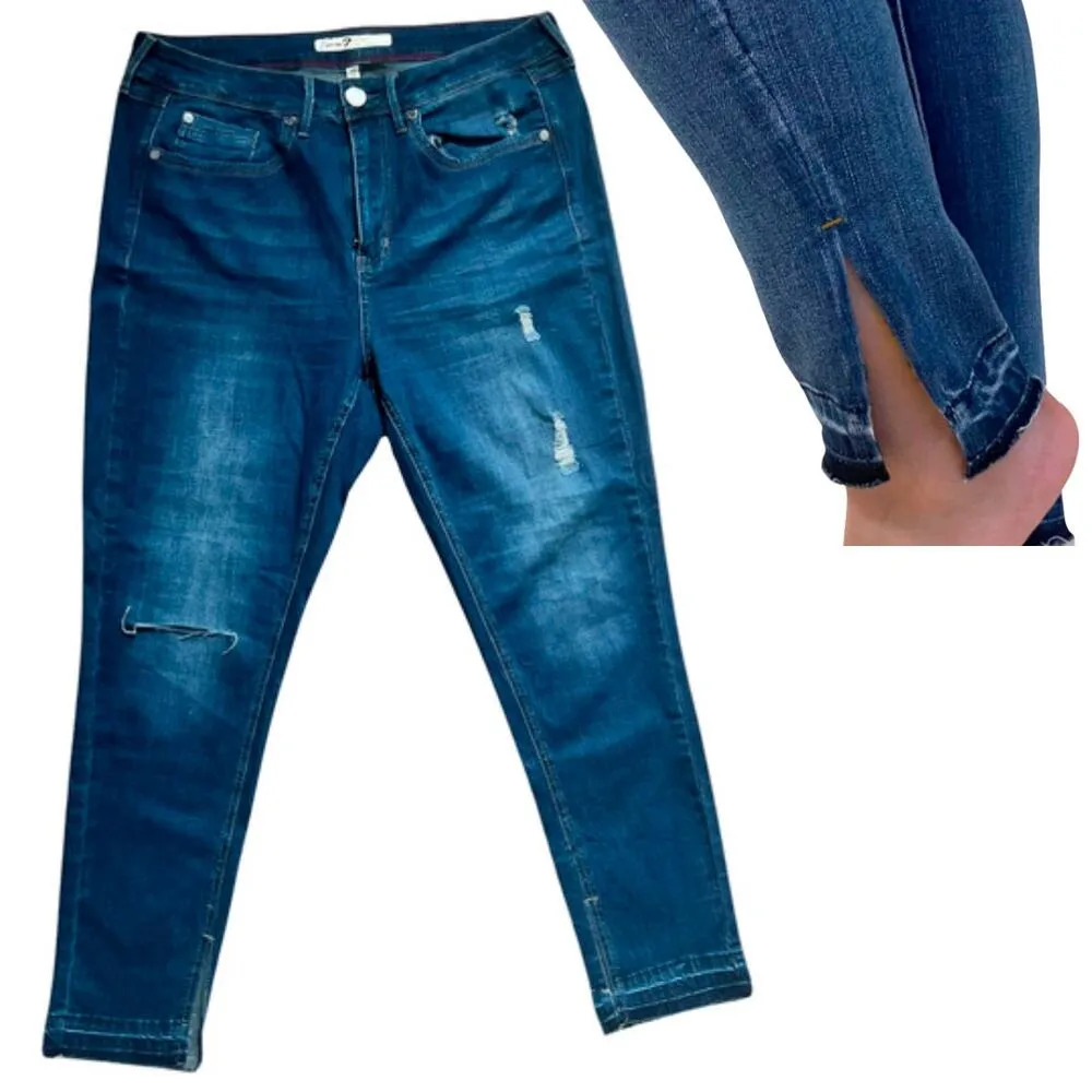 Seven7 High Rise Skinny Dark Wash Distressed Jeans Slit Ankle Raw Hem size 14W - Image 2