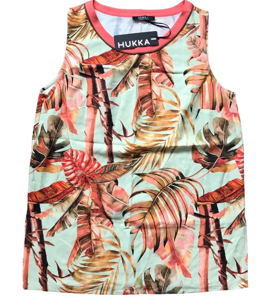 Hukka‎ Tropical Leaf Sleeveless Blouse Women's Size 10 Viscose, Linen Blend NEW Pink - Image 1