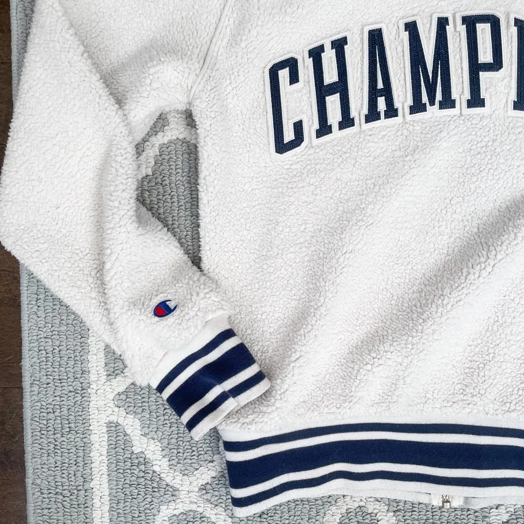 Champion cream Sherpa varsity bomber sporty jacket with logo - Image 9