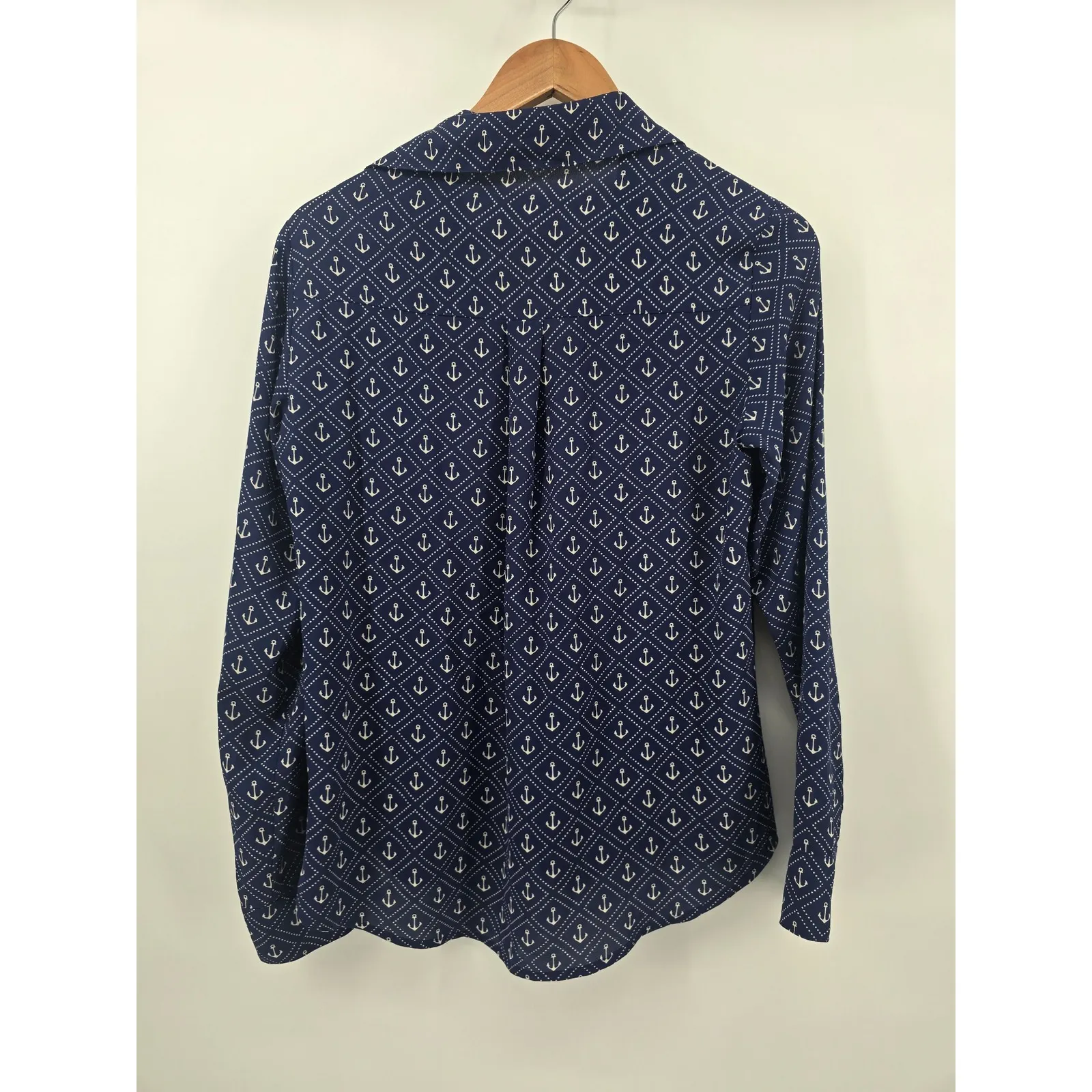 EXPRESS Portofino Shirt Navy Anchor Print Long Sleeve Button Up Blouse Small - Image 3