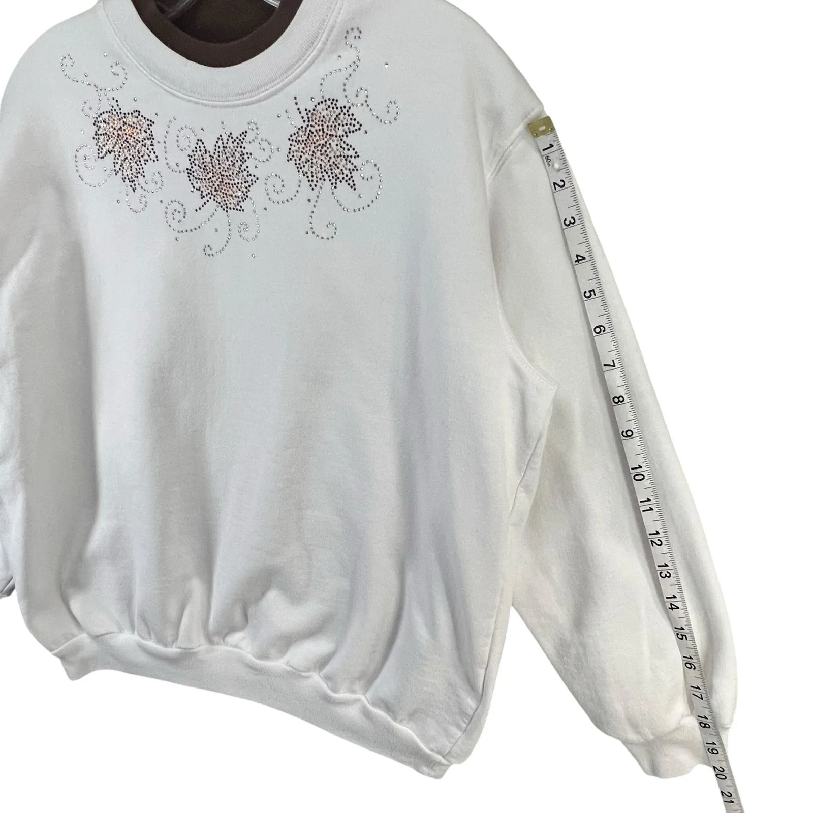 Morning Sun Top Stitch Y2K Sweatshirt Petite M Beaded Fall Leaves Granny Cottage White Size undefined - Image 5