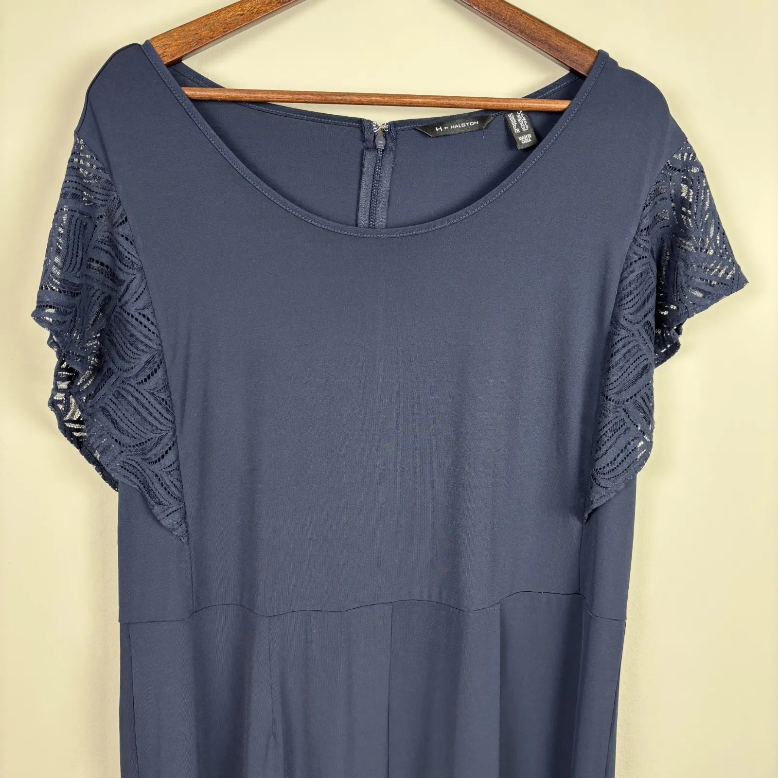 H by Halston Jumpsuit Women Large Petite Navy Blue Jersey Lace Flutter Sleeve LP - Image 2