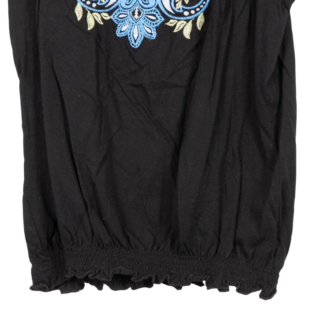 Paisley Peasant Blouse Shirt L Womens Black Embroidered Blue Green Boho Fairy - Image 2