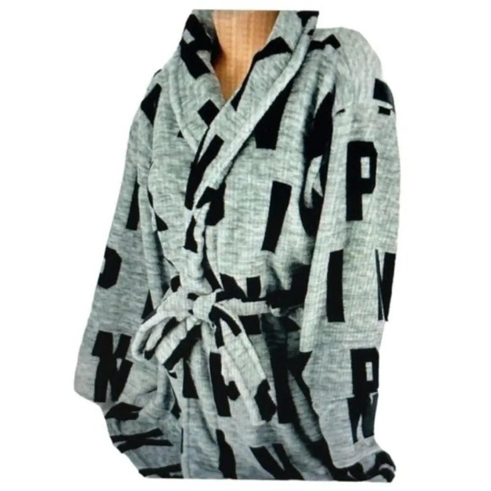 Pink Victoria's Secret Gray/Black Short Plush Robe Size XS/S EUC #3550 - Image 3