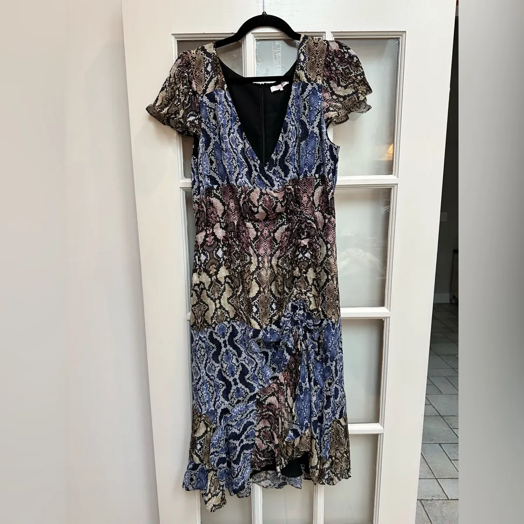 Parker Delia 100% Silk Snake Print Delia Dress Size 12 Formal Ruched Ruffle - Image 4