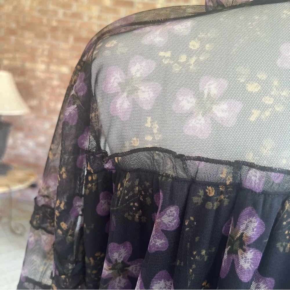 Calligraphie Black Purple Floral Mesh High Neck Smocked Top XL - Image 12
