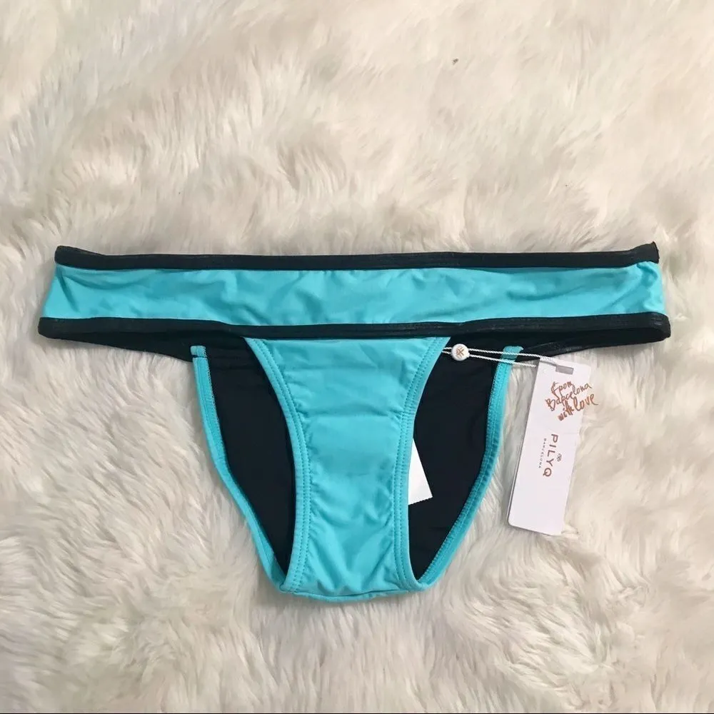 PILYQ Banded Teeny Bikini Bottom Dreamy Aqua Blue Black Colorblock Medium New‎ - Image 3
