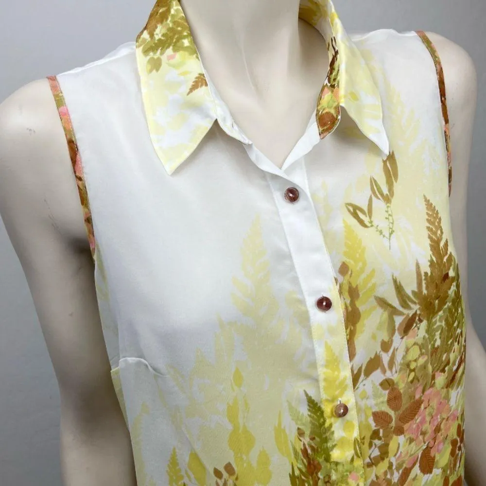 Susan Graver Yellow Sheer Chiffon Floral Print Sleeveless Button Up Blouse - Image 5