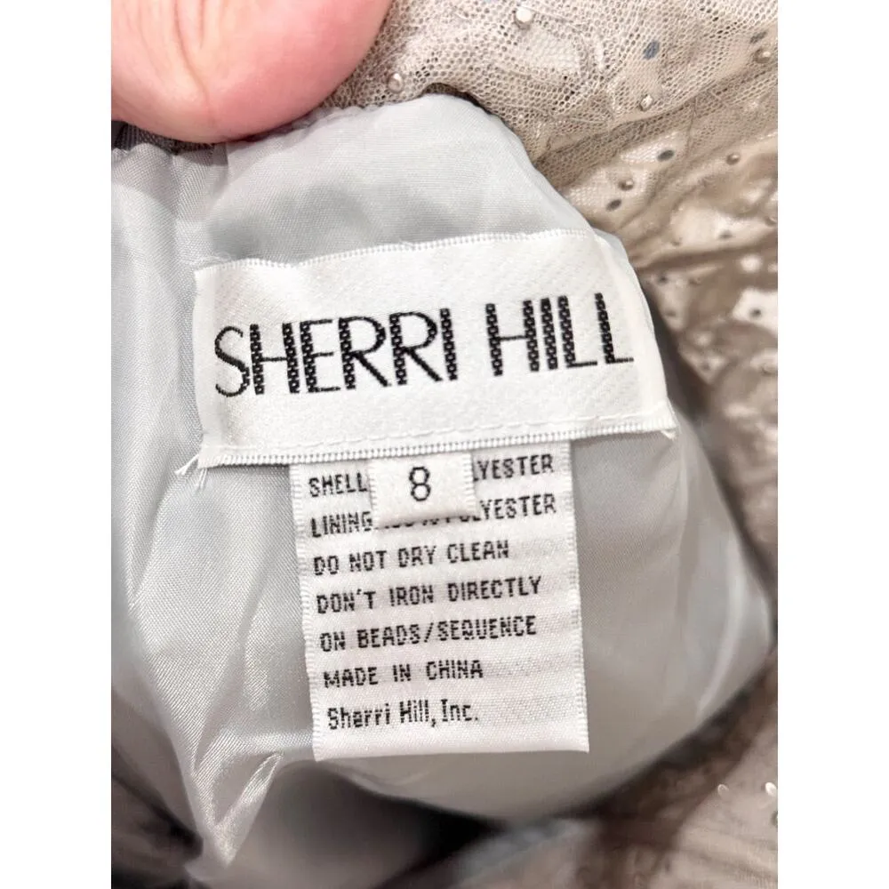 NWT Sherri Hill Halter Ruffle Tulle Cocktail Gown with Leaf Lace Bodice Silver 8 - Image 6