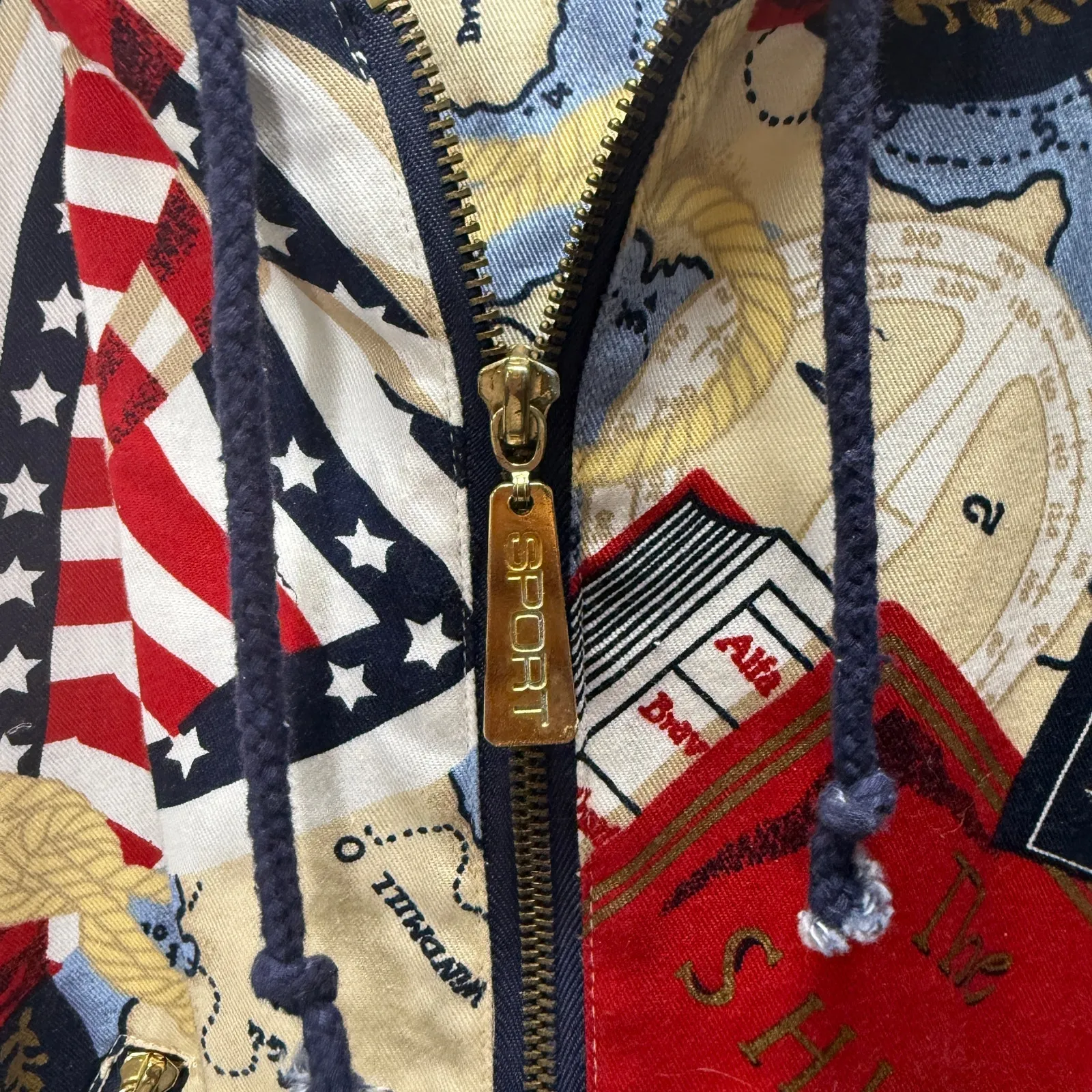 Vintage Chaus All Over Print Zip Hooded Jacket Size M Americana Maps Red Blue Size M - Image 4