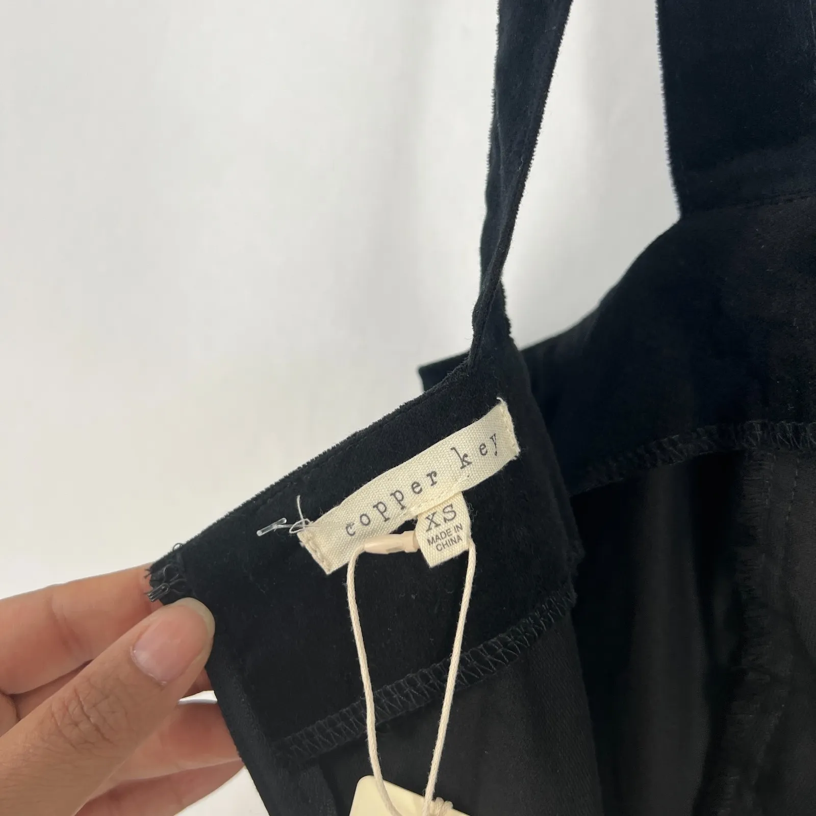 Copper Key Mini Dress Women XS Black Velvet Front Slit Wide Strap Back Zip - Image 11