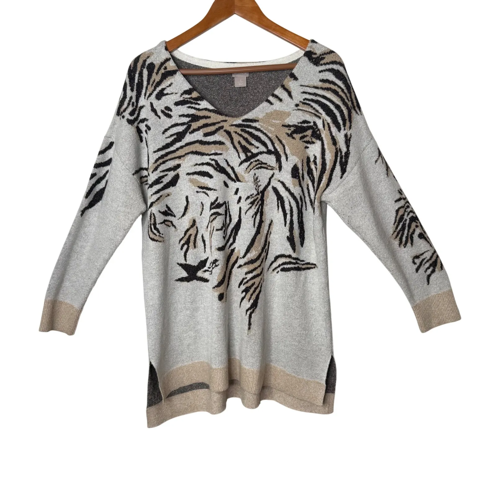Chicos 2 Tiger Face Tunic Sweater Size L Cozy Knit Maximalist Statement Retro - Image 3