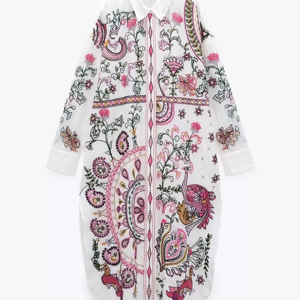 Zara Peacock Embroidered Button Up Shirt Dress Tunic - Image 11