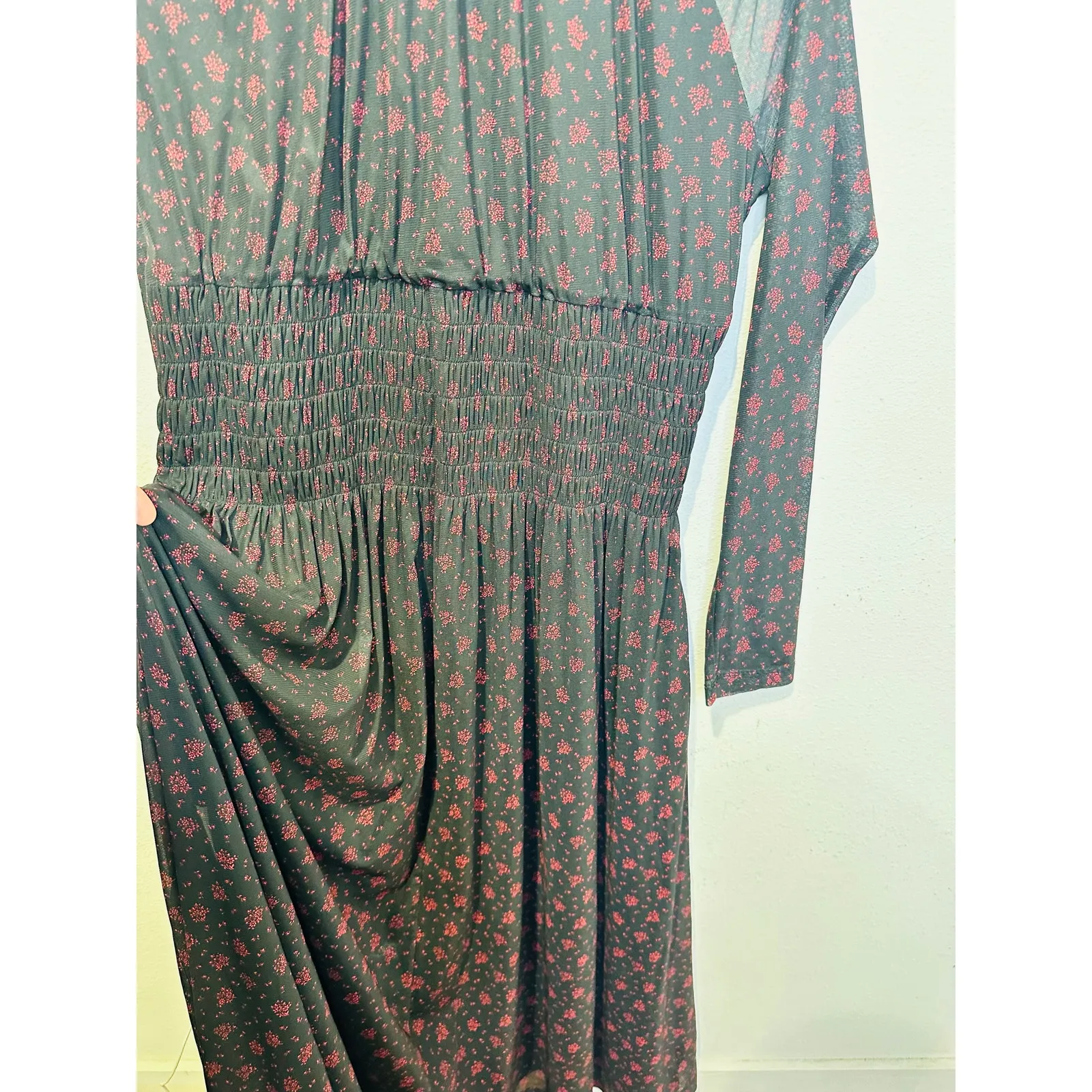 MADEWELL Black Red Smocked Midi Floral Print Sheer Lined Dress size XXL - Image 13