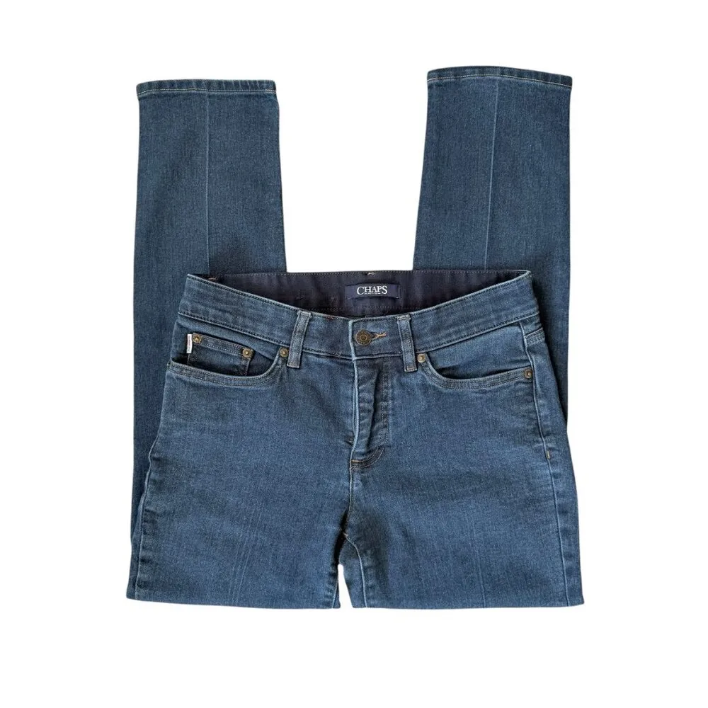 Chaps dark wash straight leg stretchy button zip five pocket blue denim jeans 6P - Image 9