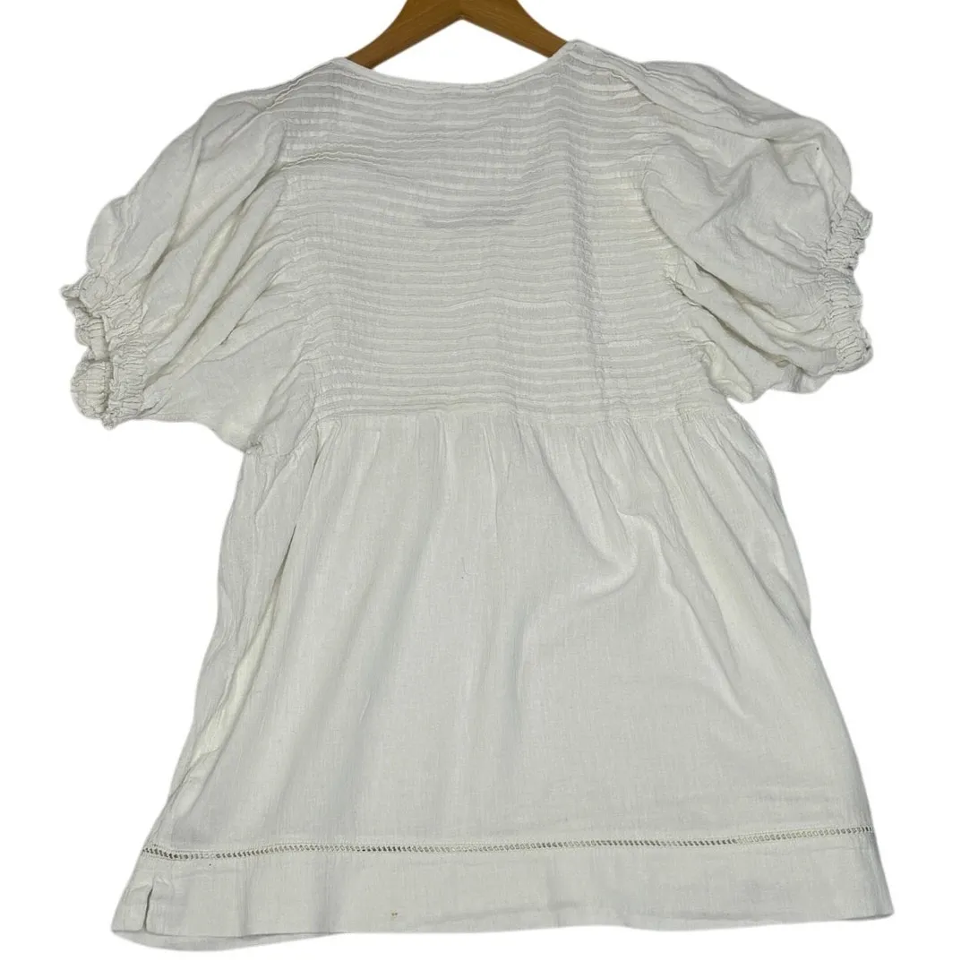 Free People Elsie Size Sm‎ Cream Puffy Sleeved Round Neck Long Smocked Tunic Top - Image 2