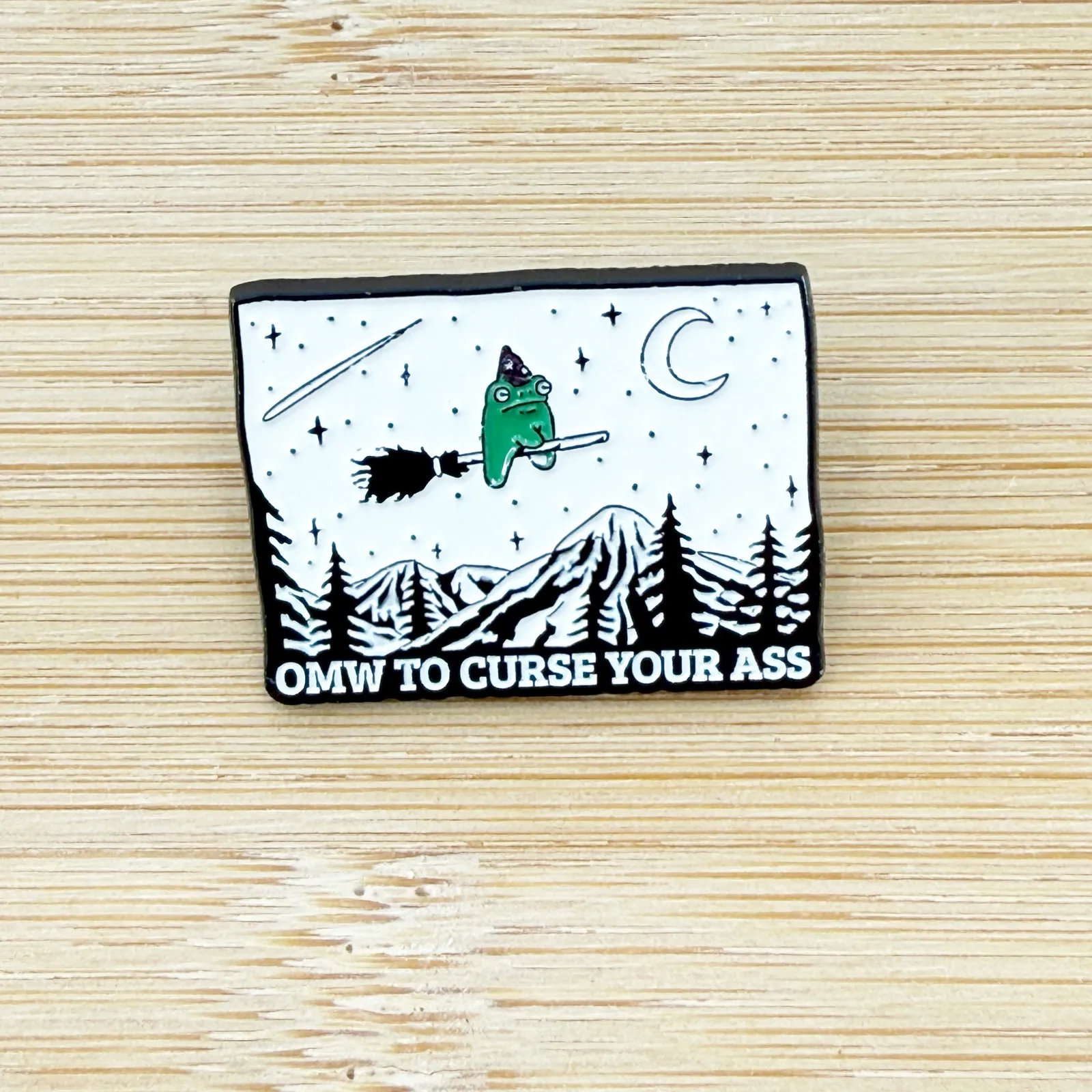 On My Way To Curse Your Ass Funny Witch Frog Enamel Pin White - Image 2