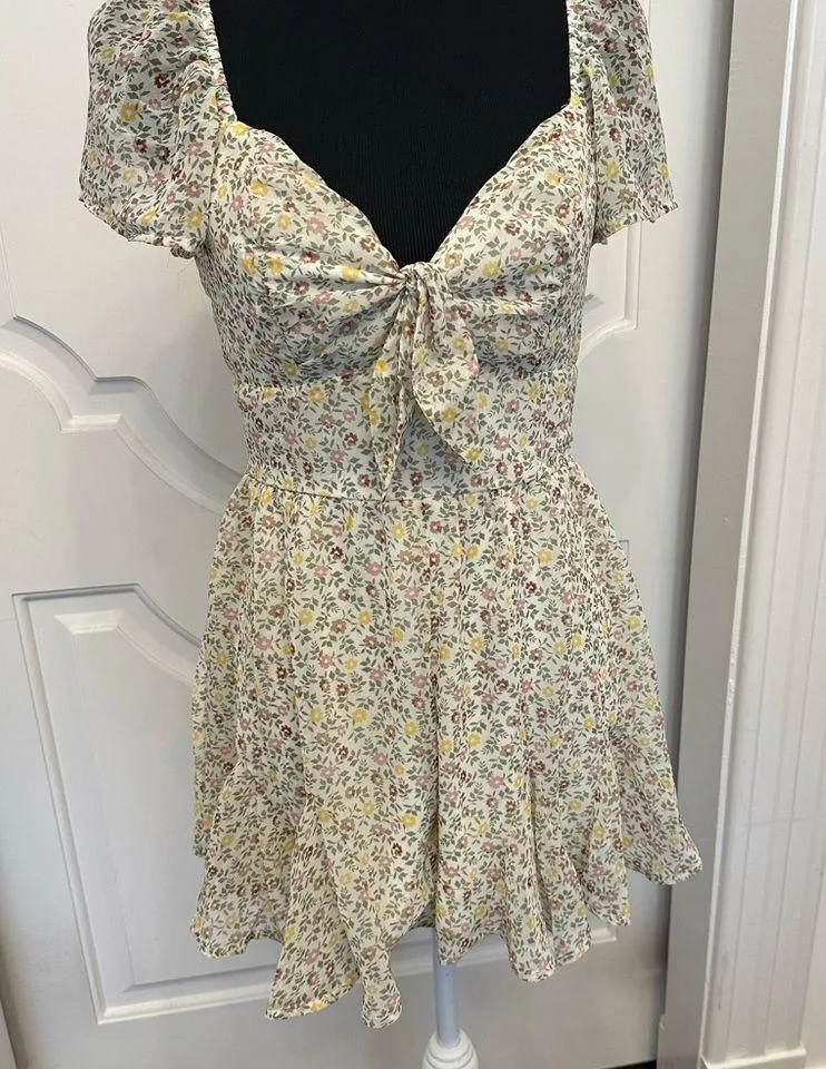 Altar’d State Floral Tie-Front Flutter Sleeves Romper Pink Yellow NWOT - Image 2