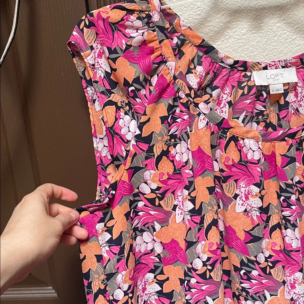 LOFT Vibrant Pink and Orange Floral Top MEDIUM - Image 3
