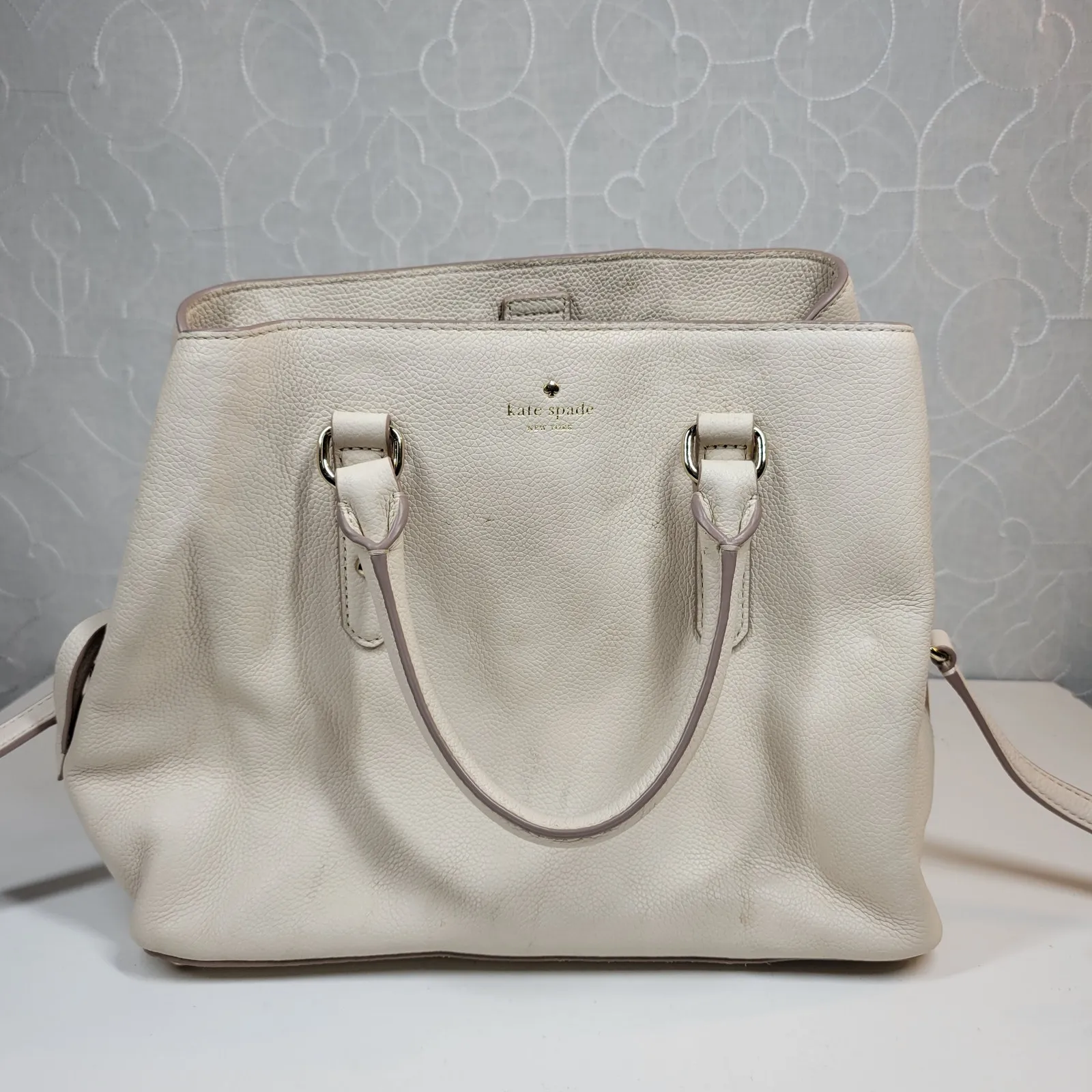 Kate Spade Larchmont Ave Evangelie Satchel Cream‎ Pebbled Leather Crossbody Bag - Image 4
