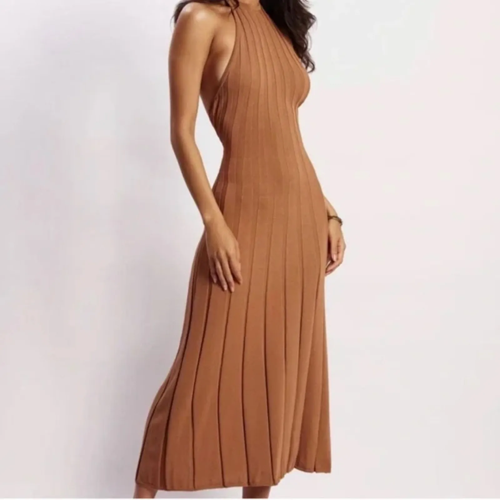 Meshki Adrienne Halter Midi Dress Womens S Ribbed Knit Open Back Fall Casual - Image 2
