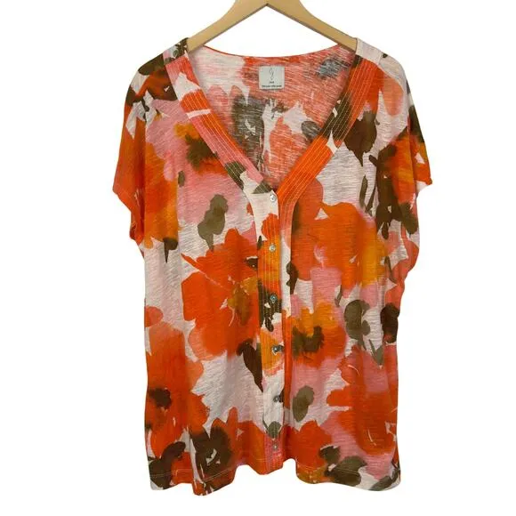 Joie Linen Lyocell Top V Neck Buttons Cap Sleeves Floral Orange Size‎ 2X - Image 2