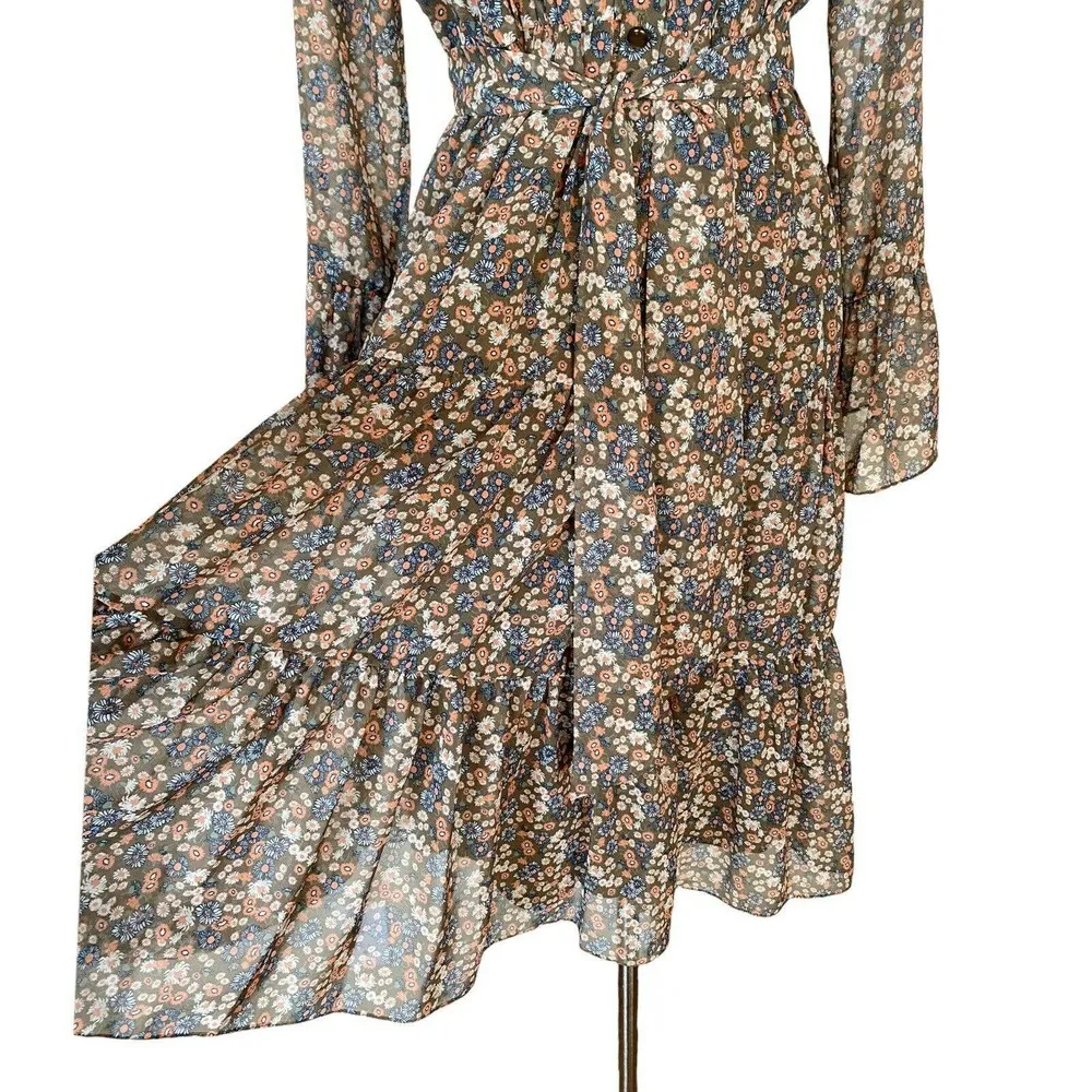 MIKAEL AGHAL Floral Shirt Dress Button Down Midi Crepe Chiffon Belt Tiered 6 NWT - Image 6