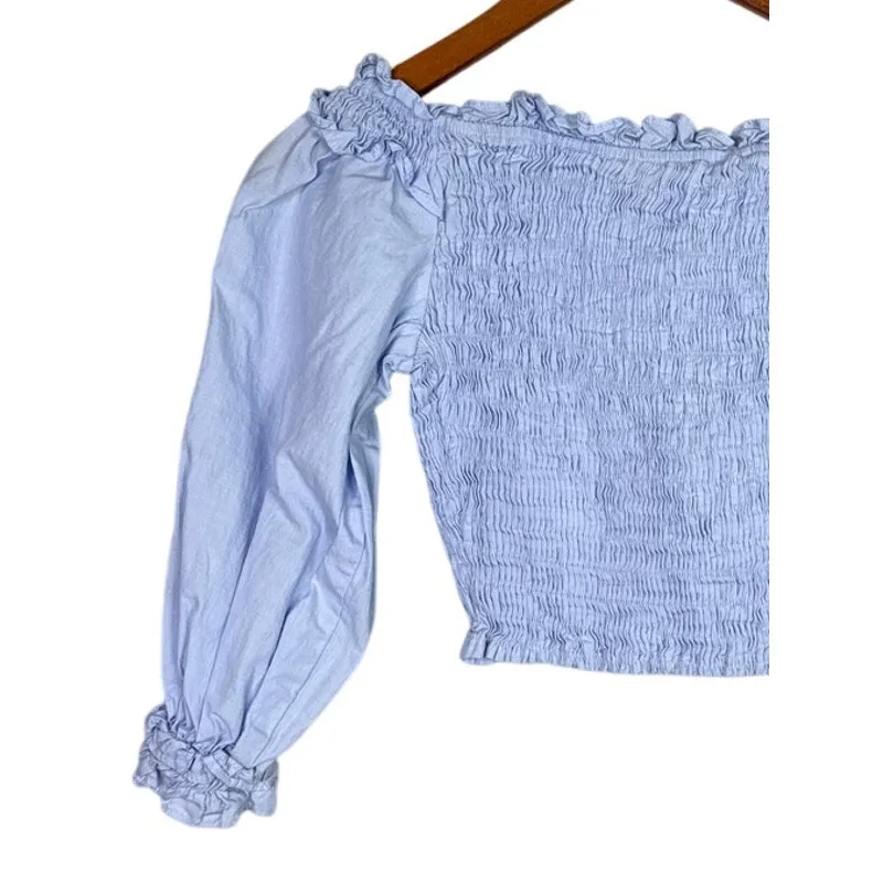ZARA Smocked Off The Shoulder V Neck Crop Top Ruffle Puff Long Sleeves S Blue - Image 9