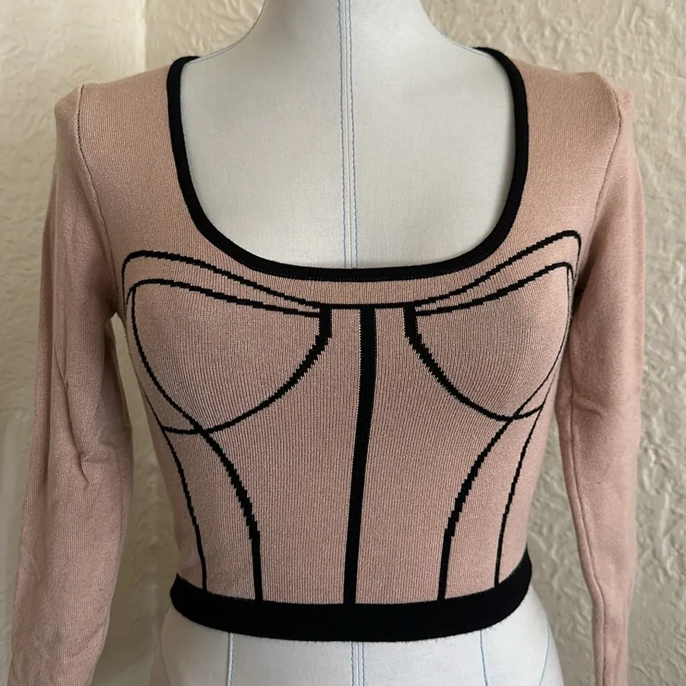 Cider Corset Bustier Patterned Intarsia Cropped Sweater Small Tan Black - Image 2