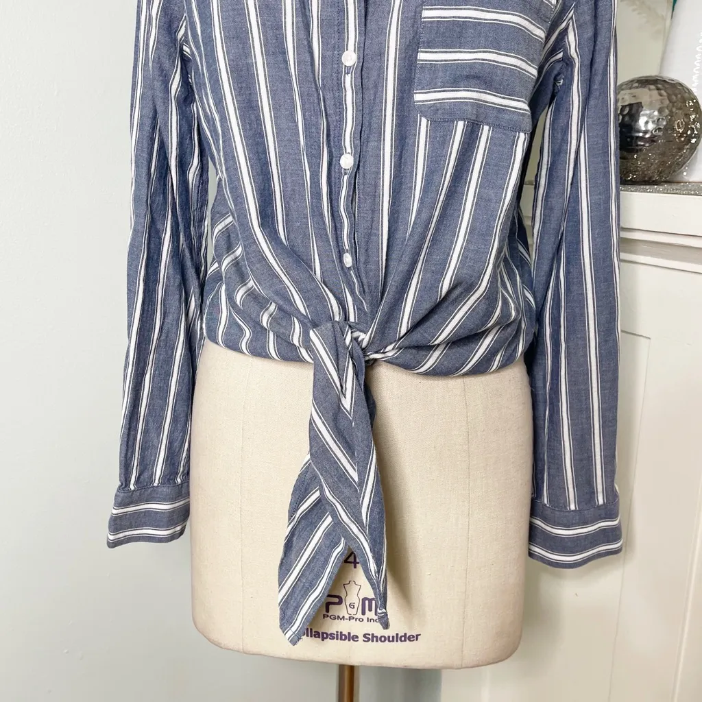 Ivanka Trump Blue Chambray Striped Button Down Tie Front Shirt Long Sleeve - Image 4