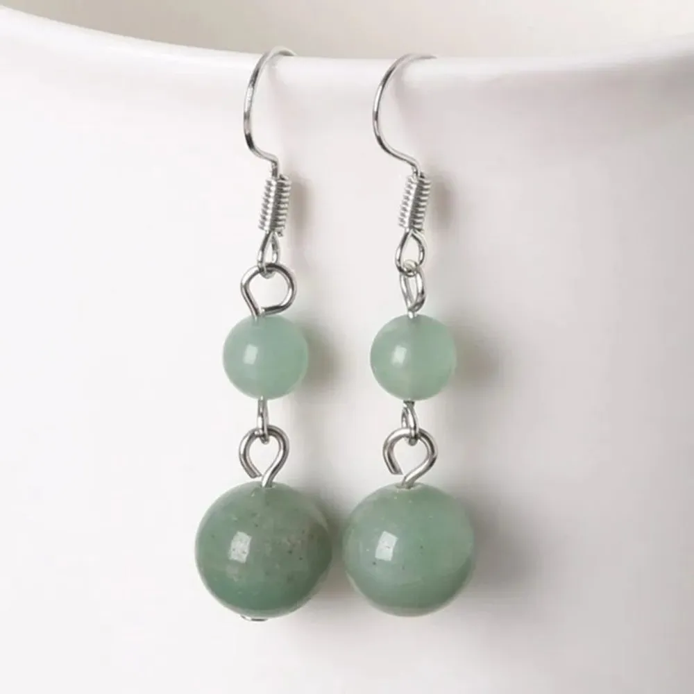 Green Aventurine Natural Stone Gemstone Round Beaded Healing Dangle Earrings Silver - Image 2