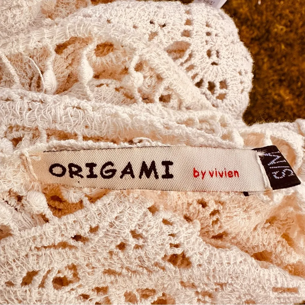 Origami Crochet & Lace Vest with Fringe, Boho Country Coachella, size S/M Tan - Image 14