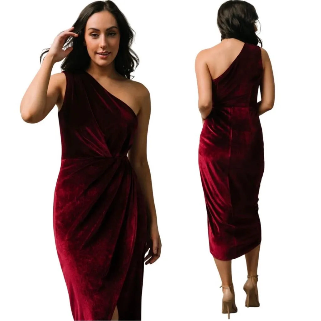 Baltic Born Kourtney Velvet One Shoulder Midi Dress Sz S Merlot Tulip Hem - Image 2