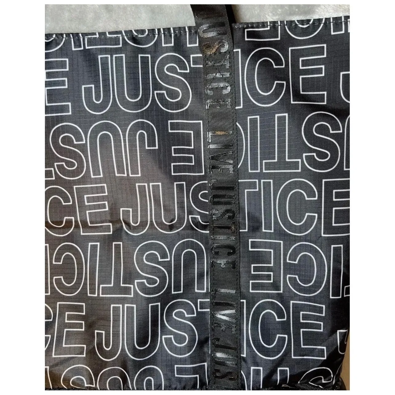 Justice Tote Bag Black White Logo Print Bottom Zip Compartment Travel New - Image 10