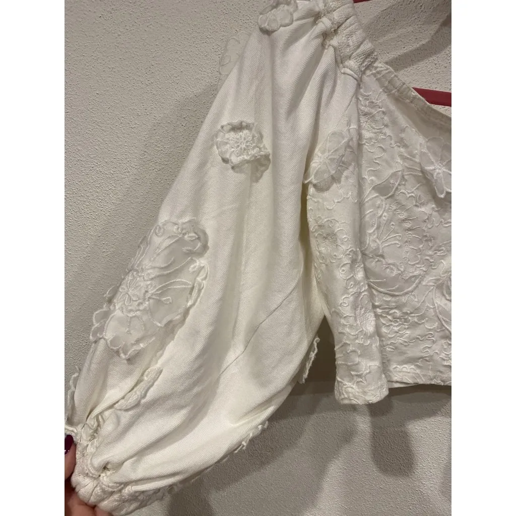 Free People Haut Icing On Top Women Medium White Embroidered Crop Peasant Blouse - Image 3